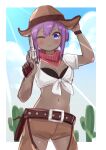  1girl ;) arm_up bangs belt belt_buckle blush breasts brown_belt brown_headwear brown_pants buckle cactus cleavage closed_mouth clothing_cutout cowboy cowboy_hat dark_skin day eyebrows_visible_through_hair fate/prototype fate/prototype:_fragments_of_blue_and_silver fate_(series) front-tie_top gun hair_between_eyes hand_on_headwear hand_up hassan_of_serenity_(fate) hat highres holding holding_gun holding_weapon i.u.y navel one_eye_closed pants purple_eyes purple_hair revolver shirt small_breasts smile solo thigh_cutout tied_shirt v-shaped_eyebrows weapon western white_shirt 