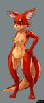  anthro breasts captaincob claws digitigrade eyelashes female fluffy_ears genitals grey_background hand_on_hip hi_res kobold looking_at_viewer nipple_piercing nipples non-mammal_breasts nude orange_body orange_eyes orange_scales piercing pink_nipples pussy red_body red_scales scales scalie simple_background solo wide_hips 
