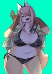  2018 5_fingers alcohol anthro beverage beverage_can big_breasts bikini biped black_nose blush breasts brown_body brown_fur canid canine cleavage clothed clothing female fingers fox front_view fur gesture gloves_(marking) green_background green_eyes hair hair_over_eye hi_res holding_beverage holding_object long_hair looking_at_viewer mammal markings multicolored_body multicolored_fur navel one_eye_obstructed open_mouth open_smile orange_body orange_fur pink_hair portrait shinobe simple_background smile solo standing swimwear three-quarter_portrait towel waving waving_at_viewer white_body white_fur 