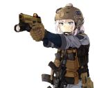  1girl absurdres assault_rifle blue_eyes blue_shirt brown_gloves chin_strap clov3r commentary gloves grey_jacket gun h&amp;k_hk416 handgun helmet highres holster jacket korean_commentary load_bearing_vest magazine_(weapon) military mixed-language_commentary original parted_lips pink_hair pistol rifle scope shirt short_hair sig_sauer sig_sauer_p320 simple_background solo sweat tactical_clothes weapon white_background 