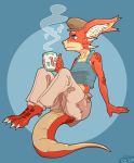  2020 anthro beverage blue_eyes breasts captaincob clothed clothing countershading cozy cup female fluffy_ears hat headgear headwear hi_res kobold non-mammal_breasts red_body relaxing scalie sitting solo 