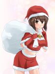  1girl abimaru_gup alternate_costume bangs bell breasts brown_eyes brown_hair capelet christmas cleavage closed_mouth commentary cowboy_shot eyebrows_visible_through_hair finger_to_mouth fur-trimmed_capelet fur-trimmed_shirt fur-trimmed_skirt fur_trim girls_und_panzer gloves hat highres holding holding_sack jingle_bell leaning_forward looking_at_viewer medium_hair midriff miniskirt multicolored multicolored_background navel nishizumi_maho over_shoulder red_capelet red_gloves red_headwear red_shorts red_skirt sack santa_costume santa_gloves santa_hat shirt short_hair shorts shushing skirt smile solo standing twitter_username 