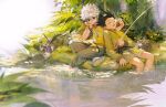  2boys animal bangs black_hair blue_eyes bunny closed_eyes closed_mouth eyebrows_visible_through_hair fishing_rod full_body gon_freecss grass green_jacket green_pants green_shorts hair_between_eyes head_rest holding hunter_x_hunter jacket jewelry killua_zoldyck leaning_on_person long_sleeves male_focus multiple_boys necklace open_mouth outdoors pants purple_footwear shirt shoes short_hair short_sleeves shorts sitting sleeping smile soaking_feet spiked_hair tree water white_hair wristband yellow_shirt yud79317724 