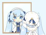  1girl adjusting_clothes adjusting_headwear beret blue_bow blue_tabard blush_stickers bow capelet chibi clock_print commentary dress fur-trimmed_capelet fur_trim gold_trim hair_ornament hat hat_bow hatsune_miku light_blue_eyes light_blue_hair long_hair mirror musical_note_hair_ornament nukotun reflection roman_numeral smile snowflake_print solo tabard treble_clef twintails very_long_hair vocaloid white_capelet white_dress white_headwear yuki_miku yuki_miku_(2021) 