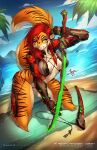  2021 anthro beach black_stripes braided_hair breasts clothed clothing day detailed_background digital_media_(artwork) eyebrows eyelashes felid female fur green_eyes hair hi_res holding_object holding_sword holding_weapon jesonite machairodontine mammal melee_weapon orange_body orange_fur outside pantherine red_hair sand seaside shoreline sky smile solo striped_body striped_fur stripes sword tiger water weapon 