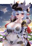  1girl :d absurdres animal_ears animal_print bangs bikini blue_hair blue_sky blush breasts cleavage cloud commentary_request cow_ears cow_girl cow_hat cow_hood cow_horns cow_print cow_tail cowboy_shot detached_collar detached_sleeves draph ear_piercing eyebrows_visible_through_hair granblue_fantasy hair_between_eyes highleg highleg_bikini highres horns large_breasts long_hair looking_at_viewer midriff mikage_(shibi) navel open_fly open_mouth own_hands_together piercing pointy_ears purple_eyes see-through shatola_(granblue_fantasy) sheer_clothes shorts sidelocks sky smile solo standing sunrise swimsuit tail thighhighs white_bikini white_shorts 