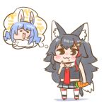  1girl :3 animal_ear_fluff animal_ears arm_at_side bangs black_hair black_skirt blue_hair blush blush_stickers brown_eyes bunny_ears chibi commentary_request don-chan_(usada_pekora) drooling eyebrows_visible_through_hair finger_to_own_chin full_body hair_ornament hairclip holding hololive long_hair miniskirt multicolored_hair nekoyama ookami_mio open_mouth pleated_skirt red_hair red_neckwear saliva sidelocks simple_background skirt smile solo standing streaked_hair striped tail thighhighs thinking thought_bubble two-tone_hair usada_pekora very_long_hair virtual_youtuber white_background white_legwear wolf_ears wolf_girl wolf_tail zettai_ryouiki 