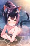  1girl animal_ear_fluff animal_ears ass bangs bare_shoulders bath bathing black_hair blush breasts cat_ears cat_girl cat_tail collarbone commentary_request eyebrows_visible_through_hair fang green_eyes hair_between_eyes hair_bun highres karyl_(princess_connect!) long_hair looking_at_viewer multicolored_hair nude onsen open_mouth parted_lips partially_submerged ponytail princess_connect! princess_connect!_re:dive small_breasts smile solo streaked_hair tail tomo_(tmtm_mf_mf) water wet white_hair 