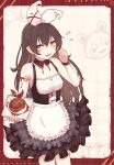  1girl absurdres alternate_costume amber_(genshin_impact) apron bare_shoulders baron_bunny corset enmaided food frilled_skirt frills genshin_impact hair_between_eyes hair_ribbon heart highres holding holding_food holding_plate huge_filesize long_hair looking_at_viewer maid maid_apron open_mouth plate reizouko ribbon simple_background skirt steak white_ribbon yellow_eyes 