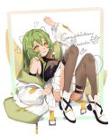  1girl animal_ears armpit_peek border breasts bright_pupils cat_ears cleavage congratulations english_commentary green_hair hair_tubes heart highres in0suke_(vtuber) indie_virtual_youtuber jacket long_hair looking_at_viewer medium_breasts off_shoulder sitting smile solo thigh_strap thighhighs virtual_youtuber whiskers white_background white_jacket white_pupils xiaociiao yellow_eyes 