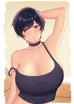  1girl :o arm_behind_head artist_name black_choker black_hair black_shirt borrowed_character breasts brown_eyes choker cleavage earrings english_commentary eyebrows_visible_through_hair highres huge_breasts jewelry kaitofuuma looking_down off_shoulder olive_laurentia open_mouth original shirt short_hair solo tank_top 