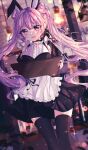  1girl absurdres animal_ears bangs black_dress black_legwear blurry blurry_background blush bunny_ears dress eyebrows_visible_through_hair fake_animal_ears genshin_impact hair_between_eyes highres holding huge_filesize keqing long_hair looking_at_viewer maid open_mouth purple_eyes purple_hair sidelocks sign solo thighhighs twintails very_long_hair wine_(2148_wine) 