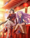  1boy 1girl black_hair chinese_clothes fate/grand_order fate_(series) flat_chest lantern looking_at_viewer mj_(11220318) ponytail purple_hair red_eyes red_footwear sitting twintails white_footwear wu_zetian_(fate/grand_order) yan_qing_(fate/grand_order) 