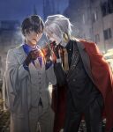  2boys alternate_costume alternate_hairstyle arjuna_(fate/grand_order) bangs black_hair brown_eyes cigarette collared_shirt fate/grand_order fate_(series) gloves hand_in_pocket jacket jacket_on_shoulders jacket_removed karna_(fate) matches mj_(11220318) multiple_boys necktie shirt smoking vest white_hair 