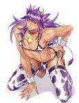  1boy abs alternate_costume animal_ears animal_print ass bell bell_collar blush bra bulge chinese_zodiac collar covered_nipples cow_boy cow_ears cow_horns cow_print crossdressing dark_skin dark_skinned_male full_body highres horns leon_(pokemon) long_hair male_focus navel panties pectorals pokemon pokemon_(game) pokemon_swsh pon_zares print_bra print_legwear print_panties purple_hair solo stomach thighhighs thighs toned toned_male underwear year_of_the_ox yellow_eyes 
