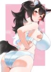  1girl adjusting_bra adjusting_clothes alternate_breast_size animal_ear_fluff animal_ears artist_name ass bangs black_hair blush bra breast_suppress breasts brown_eyes closed_mouth eyebrows_visible_through_hair frikulu from_behind highres hololive large_breasts long_hair looking_at_viewer looking_back multicolored_hair ookami_mio panties pink_background ponytail red_hair simple_background solo streaked_hair sweat tail underwear underwear_only virtual_youtuber white_background white_bra white_hair white_panties wolf_ears wolf_girl wolf_tail 