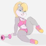  anthro berri blonde_hair blue_eyes bottomwear bra breasts camel_toe chipmunk cleavage clothed clothing conker&#039;s_bad_fur_day dumbbell female footwear grey_body ground_squirrel hair hi_res mammal midriff navel pink_nose rareware rodent sciurid shoes shorts simple_background sneakers sports_bra stretching thick_thighs underwear usnarbit video_games weights white_background 