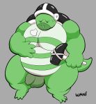  2021 absurd_res anthro armor balls genitals green_body hammer_brothers headgear helmet hi_res koopa male mario_bros nintendo overweight overweight_anthro overweight_male penis scalie simple_background solo video_games wani_panic 