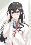  1girl black_hair blush coat dress_shirt earrings hairband jewelry kantai_collection mikage_takashi necktie ooyodo_(kantai_collection) ribbon shirt smile solo twitter_username upper_body 