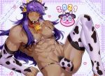  1boy 2021 abs alternate_costume animal_ears animal_print bell bell_collar blush bra bulge chariko chinese_zodiac collar covered_nipples cow_boy cow_ears cow_horns cow_print dark_skin dark_skinned_male elbow_gloves gen_2_pokemon gloves horns knee_up leon_(pokemon) long_hair male_focus male_pubic_hair miltank muscular muscular_male navel panties pectorals pokemon pokemon_(game) pokemon_swsh print_bra print_gloves print_legwear print_panties pubic_hair purple_hair solo stomach thick_thighs thighhighs thighs underwear year_of_the_ox yellow_eyes 