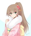  1girl brown_hair commentary_request flower fur-trimmed_kimono fur_trim green_eyes hair_flower hair_ornament highres icesherbet japanese_clothes kantai_collection kimono kumano_(kantai_collection) long_hair looking_at_viewer pink_kimono ponytail smile solo translation_request two-tone_background upper_body 