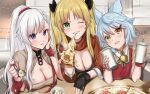  3girls :d animal_ears apron azur_lane bangs beige_shirt belfast_(azur_lane) belfast_(piping-hot_perfection)_(azur_lane) bell bikini bikini_top black_bikini black_gloves black_ribbon blonde_hair blue_eyes blue_hair blush braid breasts broken broken_chain chain cleavage collared_shirt commentary cropped_jacket cup disposable_cup drinking_straw eating eyebrows_behind_hair fang fingerless_gloves food fox_ears french_braid fubuki_(azur_lane) fubuki_(stormy_waitress-in-training!)_(azur_lane) gloves green_eyes grin hair_between_eyes hair_ornament hair_ribbon hair_scrunchie hairclip head_tilt highres holding holding_cup holding_food holding_spoon hornet_(azur_lane) hornet_(delicious_love)_(azur_lane) jacket large_breasts long_hair long_sleeves looking_at_viewer low_neckline marumai multiple_girls official_alternate_costume one_eye_closed open_clothes open_mouth orange_scarf pizza pizza_slice ponytail poster_(object) red_apron red_jacket red_scrunchie ribbon scarf scrunchie shirt short_hair short_sleeves sidelocks sitting skin_fang smile spoon steam strap_slip swimsuit table twintails upper_body very_long_hair white_hair wrist_cuffs yellow_eyes 