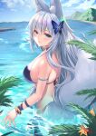  1girl alternate_costume animal_ear_fluff animal_ears azur_lane blue_butterfly blue_eyes blue_sky breasts bug butterfly butterfly_hair_ornament fox_ears fox_tail hair_ornament highres insect large_breasts long_hair looking_at_viewer looking_back multiple_tails partially_submerged shimotsuki_shio shinano_(azur_lane) sky solo string_bikini swimsuit swimwear tail very_long_hair water white_hair white_tail 