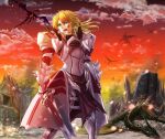  1girl armor armored_dress blonde_hair blood breastplate clarent cloud cloudy_sky dragon fate/apocrypha fate_(series) floating_hair flying gauntlets green_eyes holding holding_sword holding_weapon mordred_(fate) mordred_(fate)_(all) open_mouth outdoors pauldrons ponytail ruins shoulder_armor sky smoke standing sunset sword weapon yado 