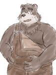  2021 3:4 anthro belly clothing eyewear glasses hi_res humanoid_hands kemono male mammal moobs overalls overweight overweight_anthro overweight_male simple_background sketch solo tokyo_afterschool_summoners ursid video_games volos white_background yaki_atsuage 