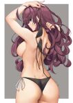  1girl ahoge ass back bangs bikini bikini_top_removed black_bikini blue_eyes blush border closed_mouth cowboy_shot dimples_of_venus eyebrows_visible_through_hair fingernails grey_background highres ichinose_shiki idolmaster idolmaster_cinderella_girls long_fingernails long_hair looking_at_viewer nail_polish outside_border pink_nails purple_hair ribbon side-tie_bikini simple_background smile solo swimsuit tony_guisado topless very_long_hair white_border white_ribbon 