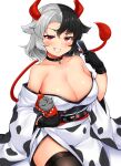  1girl animal_print bangs bare_shoulders black_choker black_gloves black_hair black_legwear black_sash blush breasts choker cleavage collarbone commentary_request cow_horns cow_print cow_tail fan folding_fan gloves grin hair_between_eyes hand_up highres holding holding_fan horns japanese_clothes kimono large_breasts looking_at_viewer multicolored_hair obi off_shoulder partial_commentary red_eyes sash short_hair silver_hair simple_background smile solo tail thighhighs tokoya_(ex-hetare) touhou two-tone_hair ushizaki_urumi white_background white_kimono 