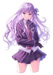  1girl adjusting_clothes adjusting_gloves bangs black_gloves braid cowboy_shot cropped_legs danganronpa:_trigger_happy_havoc danganronpa_(series) floating_hair gloves hair_ornament hair_ribbon highres jacket kirigiri_kyouko long_hair long_sleeves looking_at_viewer lq_saku miniskirt necktie pleated_skirt purple_eyes purple_hair purple_skirt ribbon school_uniform shirt side_braid simple_background single_braid skirt solo white_background white_shirt 