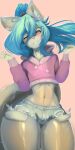  1:2 2021 anthro blue_hair blush bottomwear bulge canid canine clothing colored_nails curvy_figure cutoffs denim denim_clothing detailed digital_media_(artwork) fox fur girly grey_body grey_fur grin hair hi_res hoodie inner_ear_fluff junibuoy looking_at_viewer male mammal midriff multicolored_body multicolored_fur nails navel one_eye_closed pink_eyes pinup ponytail pose raised_arm shay_(junibuoy) shorts smile solo standing thick_thighs topwear torn_bottomwear torn_clothing tuft two_tone_body two_tone_fur voluptuous white_body white_fur wide_hips wink 