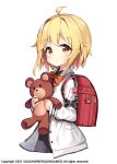  1girl ahoge backpack bag black_shirt blonde_hair bow bowtie cropped_torso darnell haru_estia highres holding jacket long_sleeves official_art open_clothes open_jacket orange_eyes randoseru sailor_collar shirt short_hair simple_background solo soul_worker stuffed_animal stuffed_toy teddy_bear undershirt white_background white_jacket 