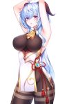  1girl absurdres ahoge armpits arms_up bangs bare_shoulders bindong black_legwear blue_hair blush bodystocking breasts brown_bodysuit covered_nipples ganyu_(genshin_impact) genshin_impact goat_horns gold_trim highres horns large_breasts long_hair looking_at_viewer low_ponytail open_mouth purple_eyes simple_background solo tassel vision_(genshin_impact) white_background 