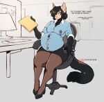  anthro belly big_belly big_breasts bodily_fluids bottomwear breasts cleavage clothed clothing english_text felid feline female lactating lactating_through_clothing legwear mammal milk pantyhose pregnant pregnant_belly pregnant_female skirt solo text the_dogsmith wet wet_clothing 