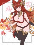  1girl animal_ears anthuria bangs bare_shoulders bikini black_gloves black_legwear blush breasts cleavage elbow_gloves erune gloves granblue_fantasy hair_ornament highres large_breasts ll_0109 long_hair looking_at_viewer navel open_mouth red_bikini red_eyes red_hair single_elbow_glove single_glove smile swimsuit thighhighs 