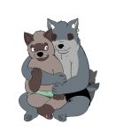  2021 anthro brown_body brown_fur canid canine canis clothing dave_(password) duo fur grey_body grey_fur hi_res hug hugging_from_behind humanoid_hands hyaenid male male/male mammal password_(visual_novel) simple_background sirrocky9 sitting striped_hyena tyson_(password) underwear video_games visual_novel white_background wolf young 