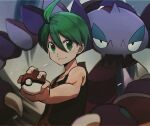  1boy aaron_(pokemon) ahoge bangs black_shirt blurry closed_mouth commentary_request drapion elite_four eyebrows_visible_through_hair gen_4_pokemon green_eyes green_hair hair_between_eyes highres holding holding_poke_ball male_focus poke_ball poke_ball_(basic) pokemon pokemon_(creature) pokemon_(game) pokemon_dppt shirt sleeveless sleeveless_shirt smile watta02614129 