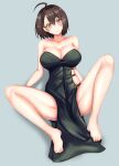  1girl absurdres ahoge asymmetrical_clothes azur_lane baltimore_(azur_lane) baltimore_(evening_breeze_minuet)_(azur_lane) bangs bare_shoulders barefoot black_dress blush braid breasts brown_hair cleavage collarbone commentary_request comotaro dress evening_gown eyebrows_visible_through_hair feet french_braid full_body groin hair_between_eyes highres large_breasts looking_at_viewer m_legs official_alternate_costume parted_lips shadow short_hair sideless_outfit sidelocks simple_background sitting solo spread_legs strapless strapless_dress yellow_eyes 