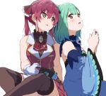  2girls ascot bangs bare_shoulders blue_dress blue_sleeves blush breasts brown_legwear detached_sleeves dress eyebrows_visible_through_hair gloves green_hair hair_between_eyes hair_bun heterochromia highres holding hololive houshou_marine icehotmilktea juliet_sleeves long_sleeves looking_at_another looking_away looking_back medium_breasts multiple_girls nintendo_switch parted_lips pleated_skirt puffy_sleeves red_eyes red_hair red_neckwear red_shirt red_skirt shirt side_bun simple_background skirt sleeveless sleeveless_dress sleeveless_shirt thighhighs twintails uruha_rushia virtual_youtuber white_background white_gloves yellow_eyes 