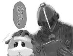  a-kiraa_(whisper) bondrewd clipboard crossover gloves greyscale hand_on_another&#039;s_head helmet highres holding holding_clipboard made_in_abyss molcar monochrome parody petting pui_pui_molcar simple_background translation_request white_background 