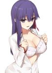  1girl bangs blush bra breasts cleavage collarbone collared_shirt dress_shirt elfenlied22 fate/stay_night fate_(series) hair_ribbon highres large_breasts long_hair long_sleeves looking_at_viewer matou_sakura open_clothes open_mouth open_shirt purple_eyes purple_hair ribbon shirt simple_background underwear white_background white_bra white_shirt 
