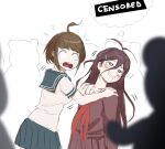  2girls ahoge antenna_hair bangs bar_censor black_hair black_skirt blurry_foreground blush brown_hair censored closed_eyes commentary danganronpa_(series) danganronpa_another_episode:_ultra_despair_girls drooling flying_sweatdrops fukawa_touko glasses grey_shirt hair_between_eyes hair_ornament hairclip long_hair monokuma motion_lines multiple_girls naegi_komaru open_mouth pleated_skirt qosic round_eyewear sailor_collar school_uniform serafuku shirt short_hair short_sleeves sketch skirt teeth thought_bubble upper_teeth wide-eyed 