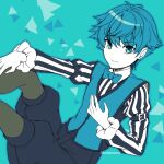  1boy bangs blue_eyes blue_hair blue_shorts blue_theme blue_vest bow bowtie child expressionless fate/extra fate/grand_order fate_(series) hans_christian_andersen_(fate) leggings long_sleeves looking_at_viewer male_focus mepo_(raven0) shirt short_hair shorts simple_background solo striped striped_shirt vest 