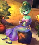 1girl anklet artist_name bare_shoulders bracelet breasts brick_wall cleavage collarbone colored_skin commentary cosplay cup english_commentary eyebrows_visible_through_hair green_hair green_skin head_tilt high_ponytail jewelry large_breasts looking_at_viewer necklace ponytail puffy_pants red_eyes rottytops see-through shantae_(character) shantae_(character)_(cosplay) shantae_(series) shoes short_hair sitting smile solo spoon takuyarawr wooden_box 