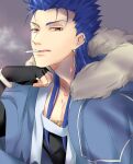  1boy blue_hair bracelet close-up closed_mouth cu_chulainn_(fate)_(all) cu_chulainn_(fate/grand_order) earrings fate/grand_order fate_(series) fur_trim grey_background hand_on_own_chin hood hood_down jewelry licking_lips long_hair looking_at_viewer male_focus multiple_piercings nozawa red_eyes simple_background smoke smoking solo spiked_hair tongue tongue_out type-moon 