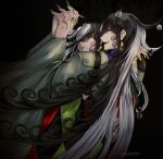  2boys ashiya_douman_(fate) asymmetrical_hair bell black_eyes black_hair clone curly_hair dark_persona earrings evil_smile fate/grand_order fate_(series) fingernails from_behind green_eyeshadow green_kimono green_lipstick green_nails hair_bell hair_between_eyes hair_intakes hair_ornament highres holding_hands interlocked_fingers japanese_clothes jewelry kimono lipstick long_hair magatama magatama_earrings makeup male_focus multicolored_hair multiple_boys sharp_fingernails smile two-tone_hair upper_body very_long_fingernails very_long_hair white_hair yokaranu_yuuna 