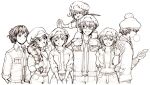  2boys 5girls 871_(hatarakanai_saibou) aa-5100 ae-3803 arms_behind_back beanie braid bubble_blowing carrying chewing_gum child erythroblast_(hataraku_saibou) glasses gloves greyscale hand_in_pocket hat hatarakanai_saibou hataraku_saibou hataraku_saibou_baby hataraku_saibou_black hataraku_saibou_friend high_five im-1235 jacket long_hair looking_at_another looking_at_viewer low_twintails lucylusstories monochrome multiple_boys multiple_girls open_mouth pom_pom_(clothes) red_blood_cell_(hataraku_saibou) shoes short_hair shoulder_carry single_braid sneakers twin_braids twintails uniform upper_body 