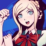  1girl :o bangs black_ribbon blonde_hair blue_background blue_eyes bow bowtie commentary danganronpa_(series) danganronpa_2:_goodbye_despair hair_ribbon highres long_hair looking_at_viewer open_mouth qosic red_bow red_neckwear ribbon solo sonia_nevermind upper_body 